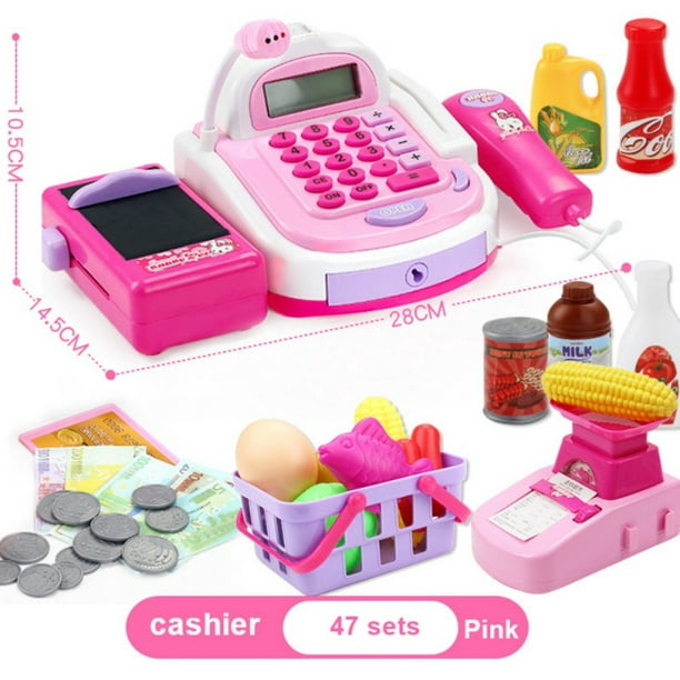 Kids Funny Mic Sound Simulation Cash Register Pretend Cashier Play Toy Set Pink